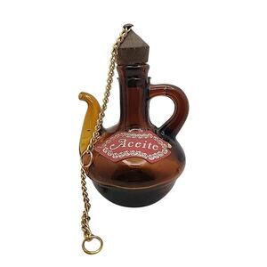 Vintage Aceite Miniature Amber Glass Pitcher Cork Stopper Gold Tone Chain Retro
